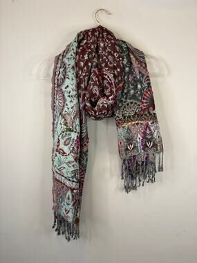 Boho Embroidered Scarf Wide Fringe Hem Red Blue Knit Paisley Floral